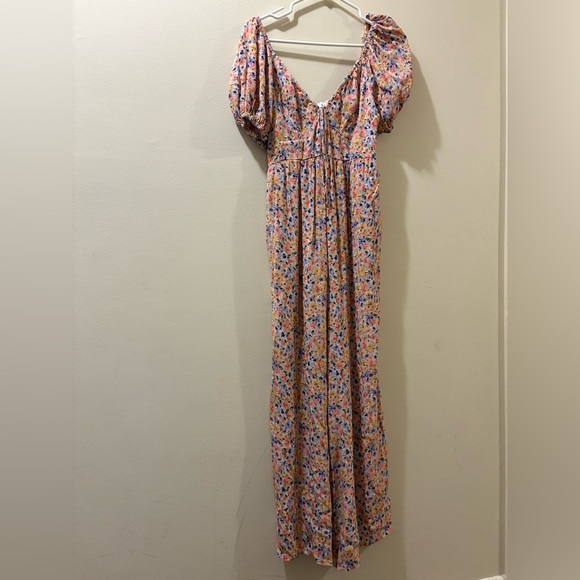 Yumi Kim Pink Puff Sleeve colorful floral jumpsuit  - size XS - pockets - Picture 1 of 7